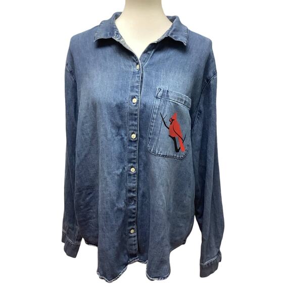 Hand Printed Upcycled Womens XXL Cardinal Long Sleeve Denim Button Up Shirt - Picture 1 of 5